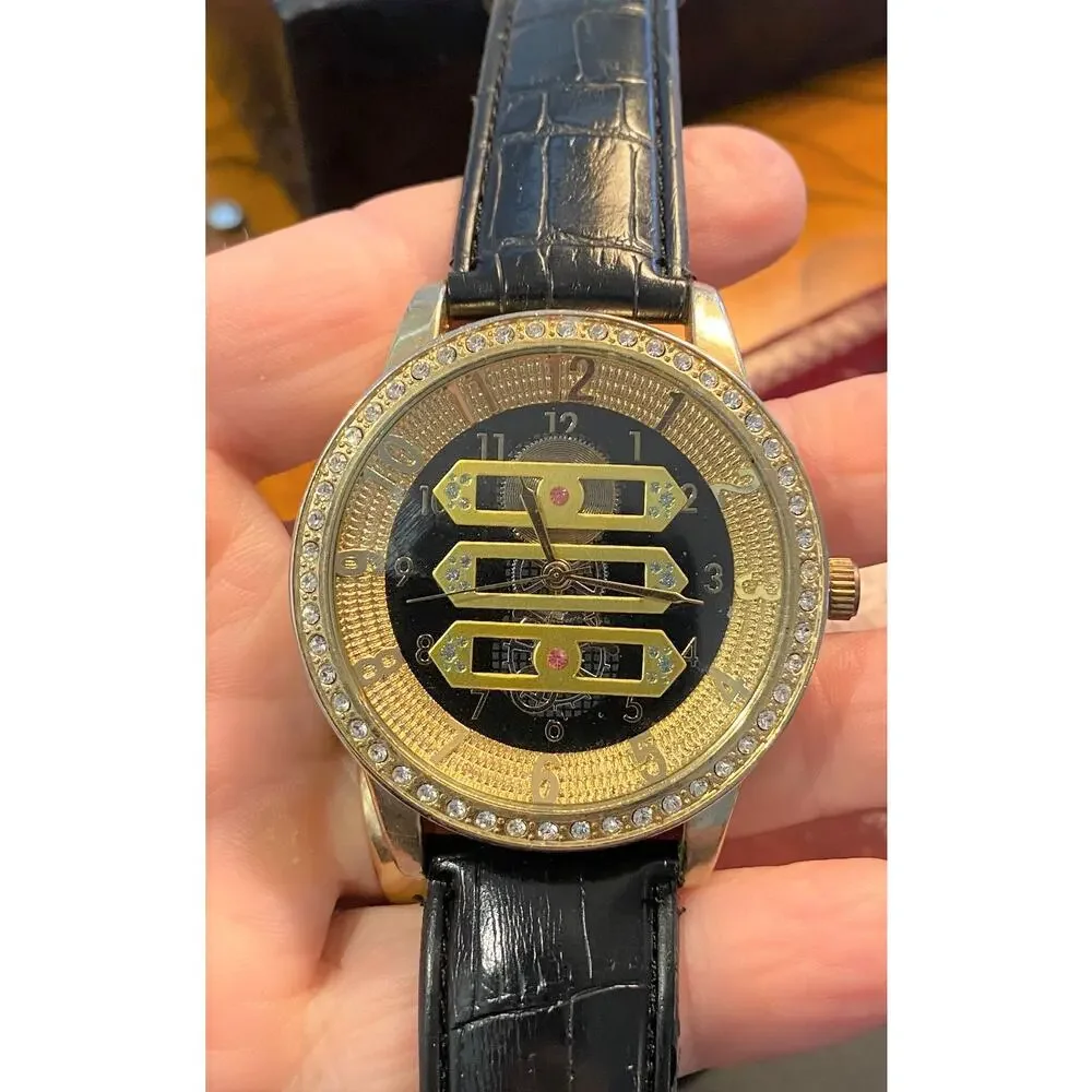 Unisex 50mm Gold Tone IceStar LB-4592 Watch, Crystal Accents, Leather